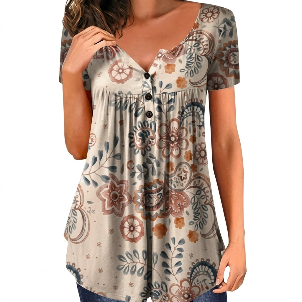 Rosie | Women's Relaxed Mandala-Print 3/4 Sleeve Swing Tunic with Tights & Boots
