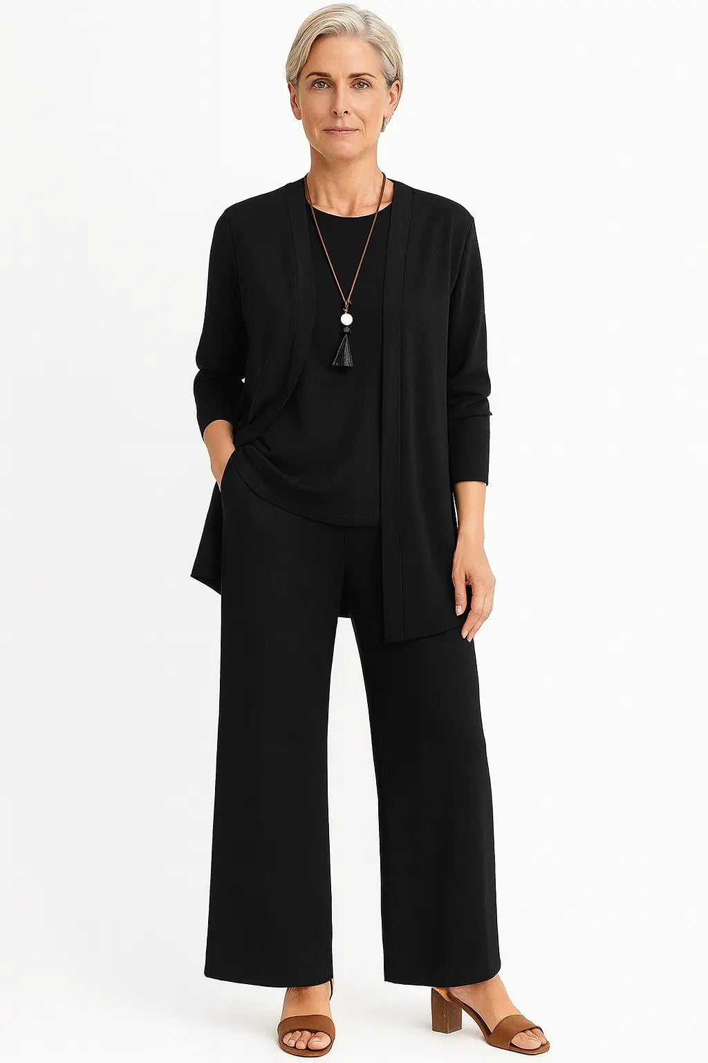 3-Piece Co-ord Set Wide Leg Trousers Longline Jacket Top - Black