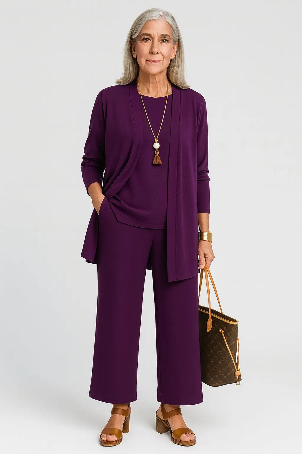 3-Piece Co-ord Set Wide Leg Trousers Longline Jacket Top - Purple