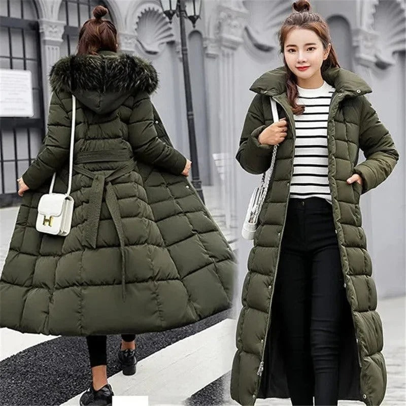 Women's Long Belted Fur Hood Puffer Coat
