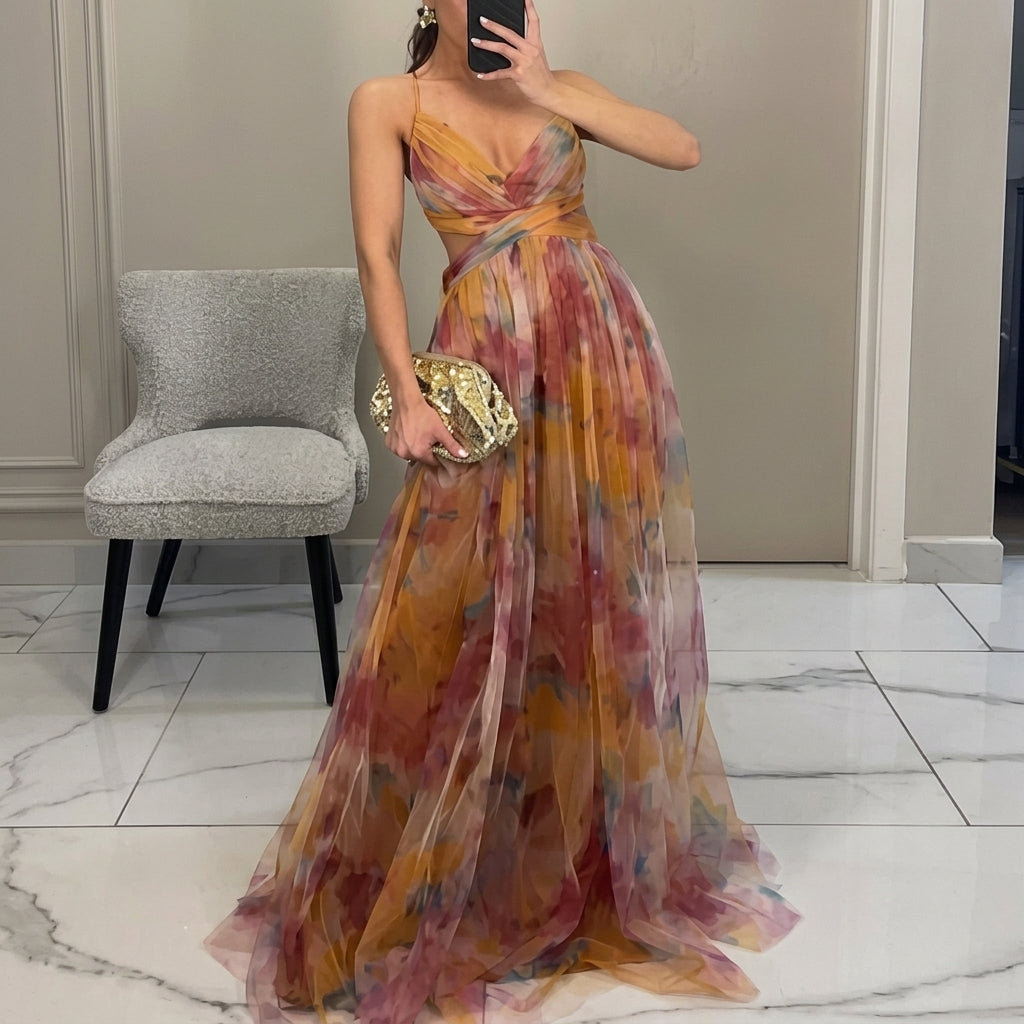 Women's Floral Chiffon V-Neck Maxi Dress Autumn Wedding Guest