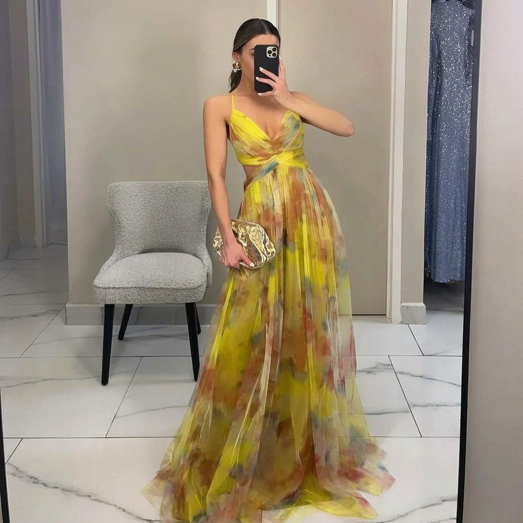 Women's Floral Chiffon V-Neck Maxi Dress Autumn Wedding Guest