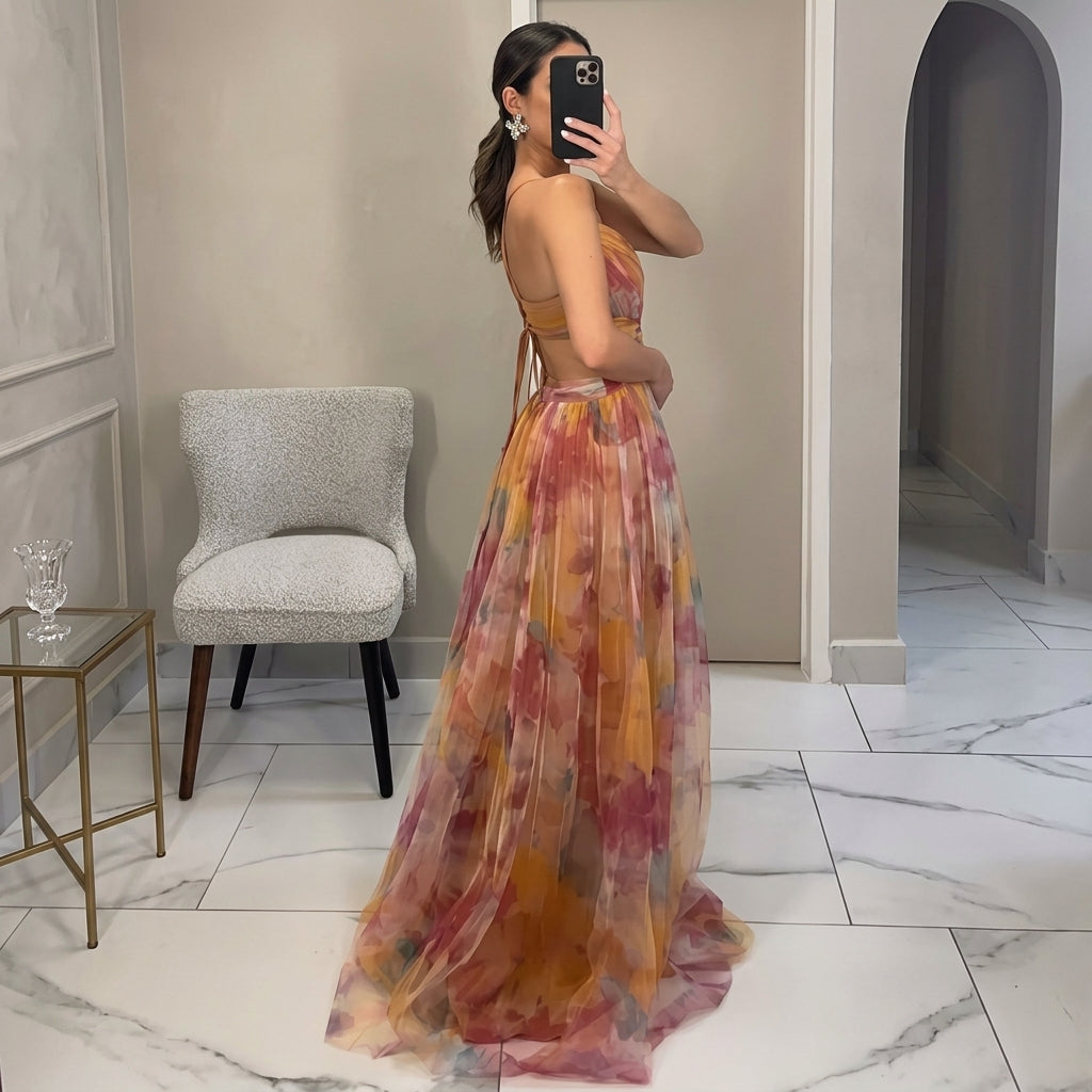 Women's Floral Chiffon V-Neck Maxi Dress Autumn Wedding Guest