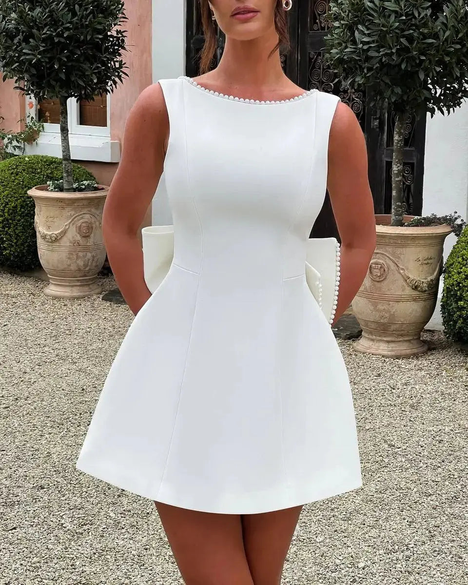A-Line Mini Wedding Guest Dress Sleeveless Beaded Boat Neck - White