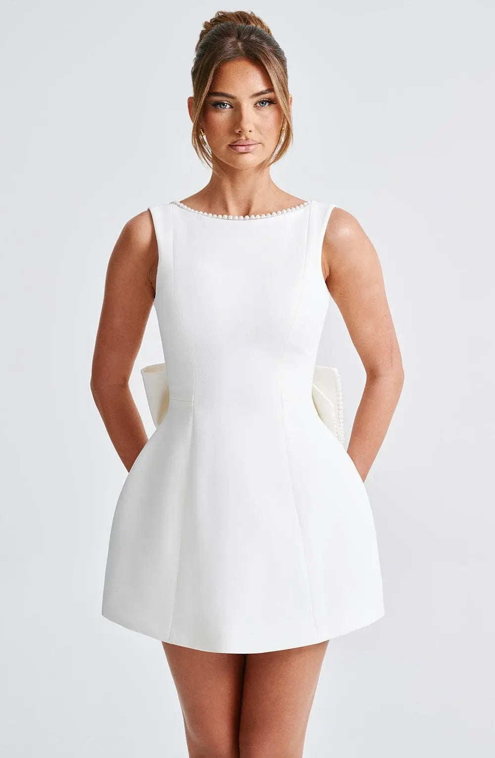 A-Line Mini Wedding Guest Dress Sleeveless Beaded Boat Neck