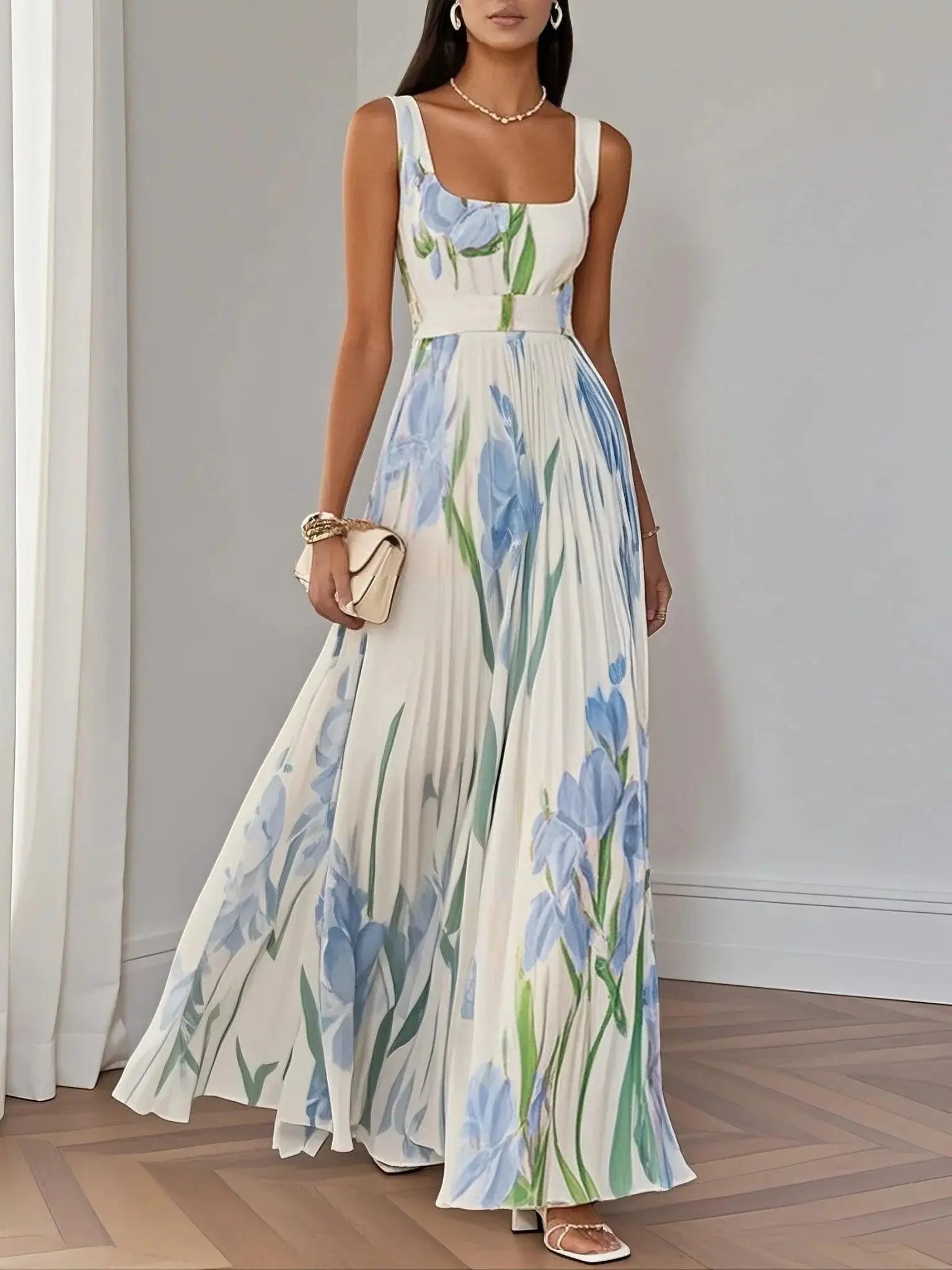 A-Line Pleated Floral Maxi Dress Square Neckline - Light Blue