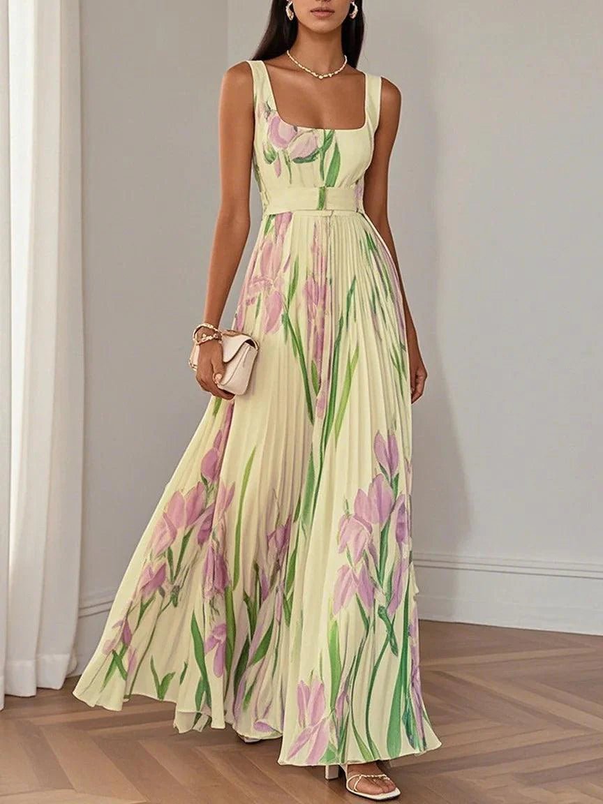 A-Line Pleated Floral Maxi Dress Square Neckline - Yellow