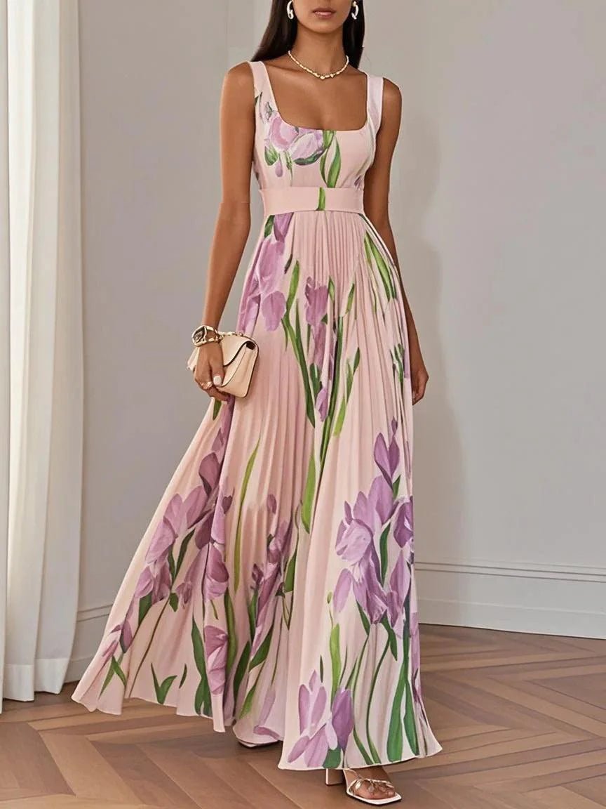 A-Line Pleated Floral Maxi Dress Square Neckline - Pink