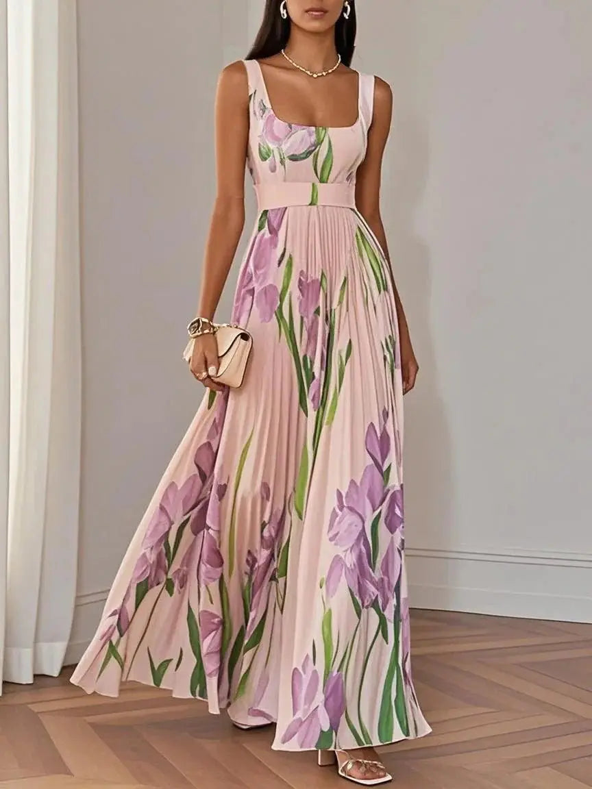 A-Line Pleated Floral Maxi Dress Square Neckline - Pink