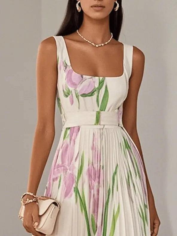 A-Line Pleated Floral Maxi Dress Square Neckline