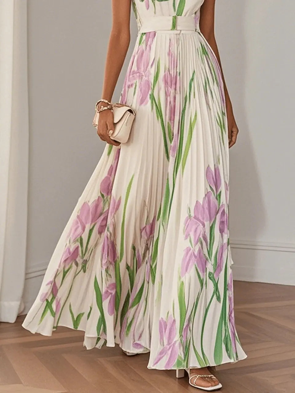 A-Line Pleated Floral Maxi Dress Square Neckline