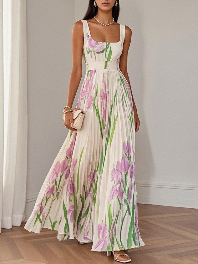 A-Line Pleated Floral Maxi Dress Square Neckline