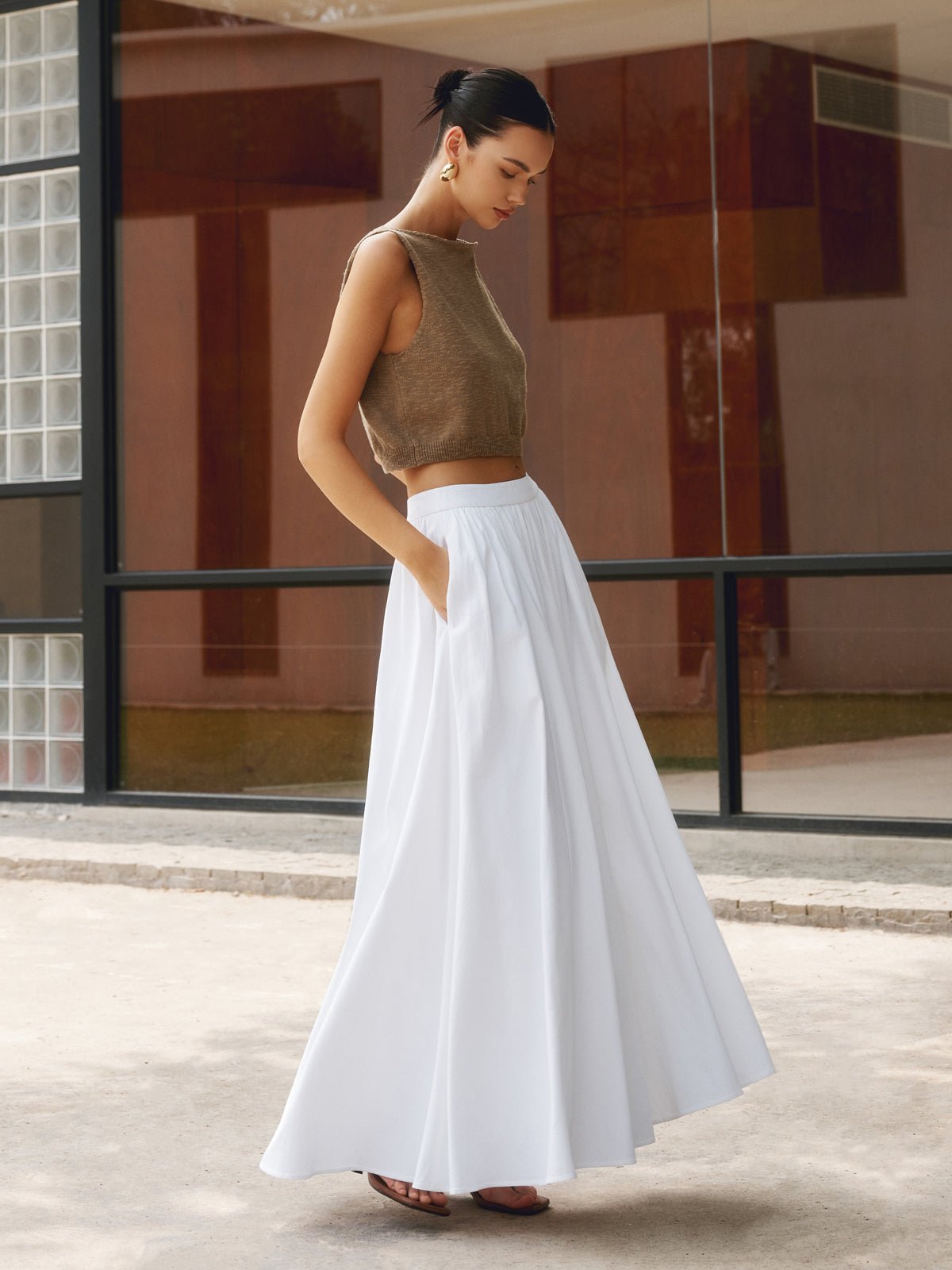 A-Line Pleated Maxi Skirt High Waisted with Pockets - White