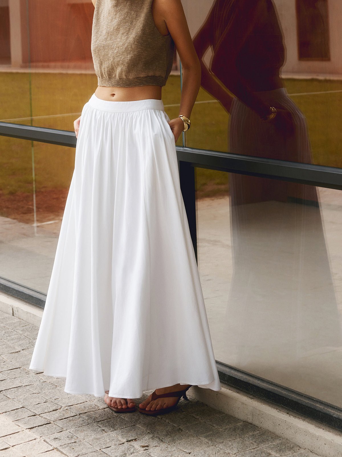 A-Line Pleated Maxi Skirt High Waisted with Pockets