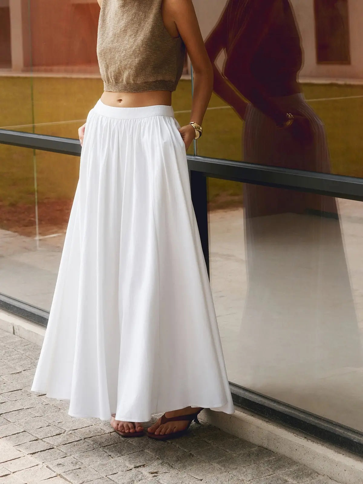 A-Line Pleated Maxi Skirt High Waisted with Pockets