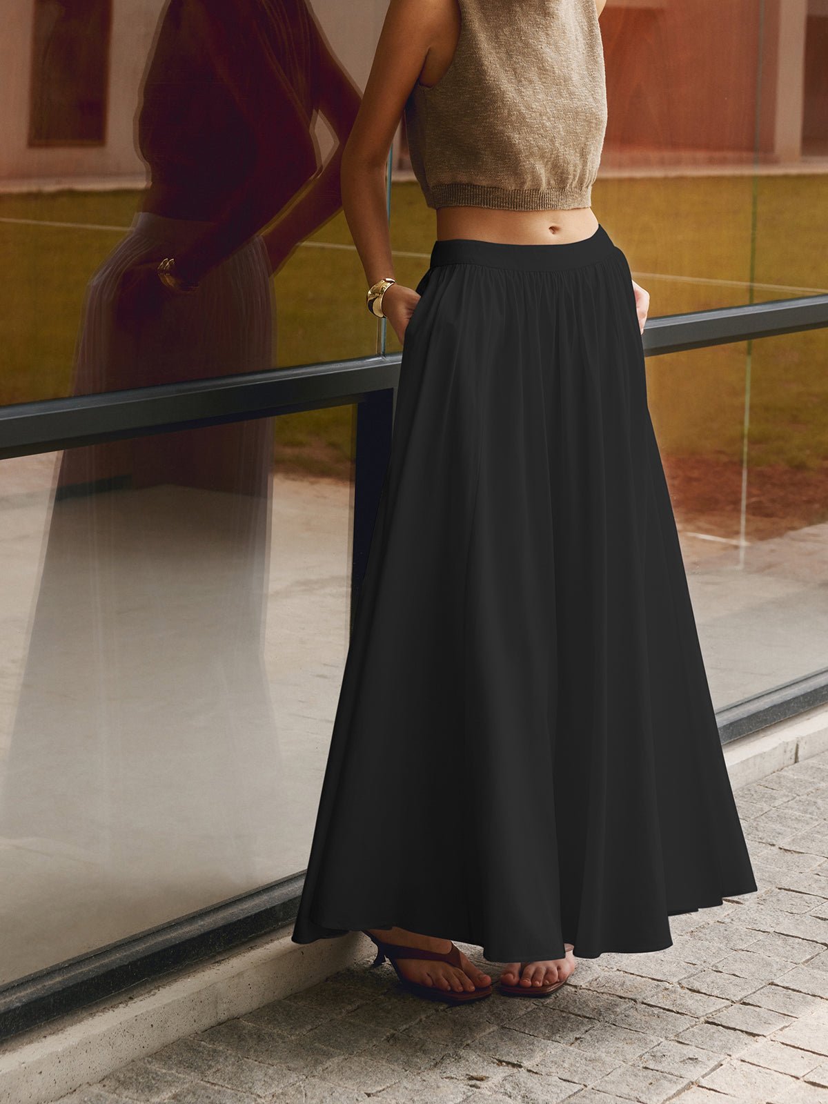 A-Line Pleated Maxi Skirt High Waisted with Pockets