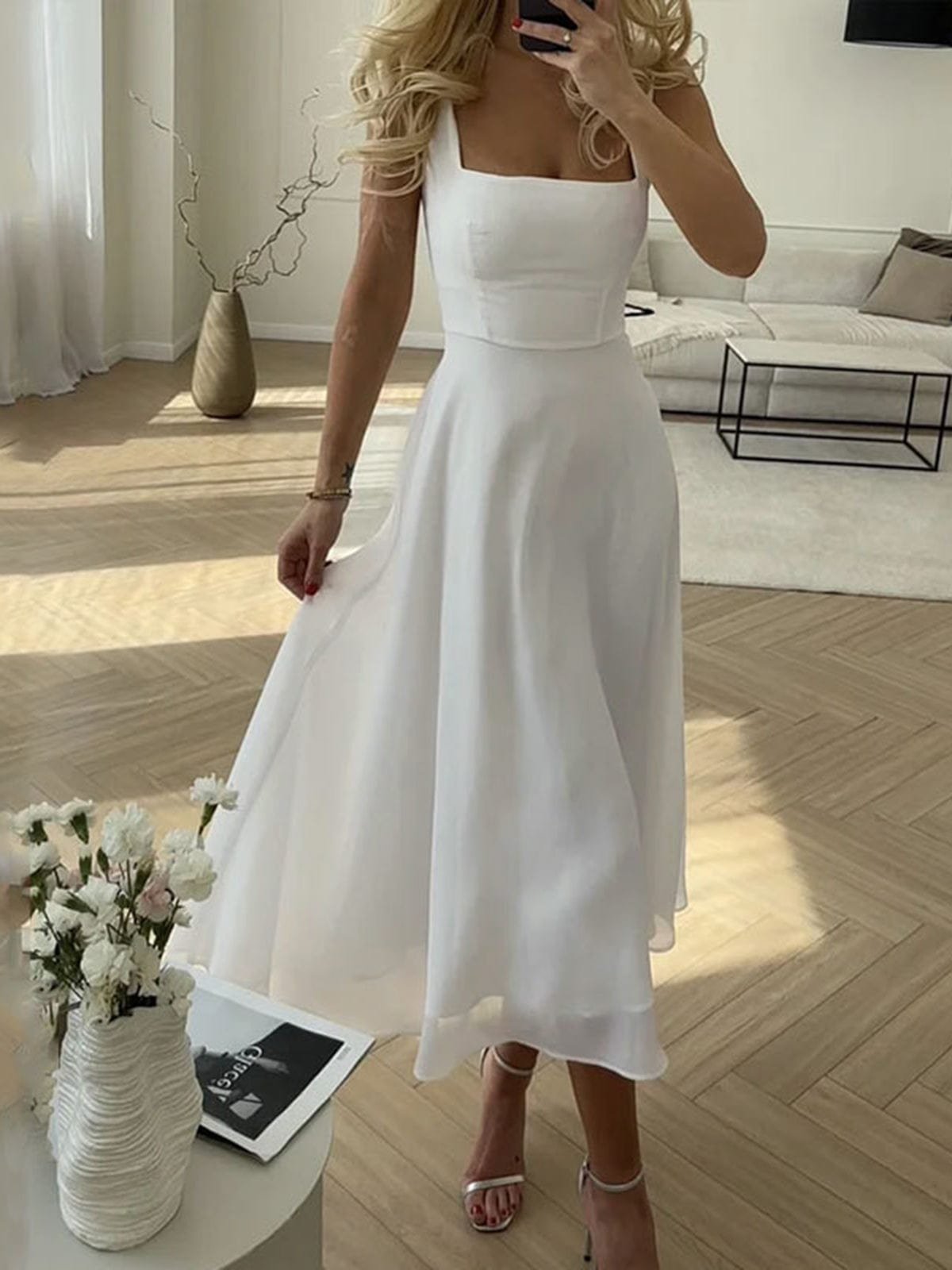 A-Line Square Neck Midi Dress Summer Wedding - White