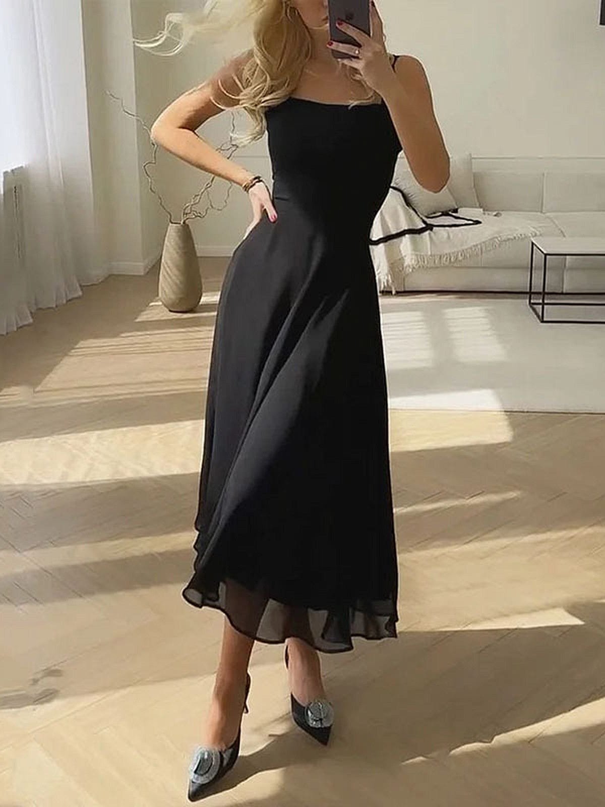 A-Line Square Neck Midi Dress Summer Wedding - Black