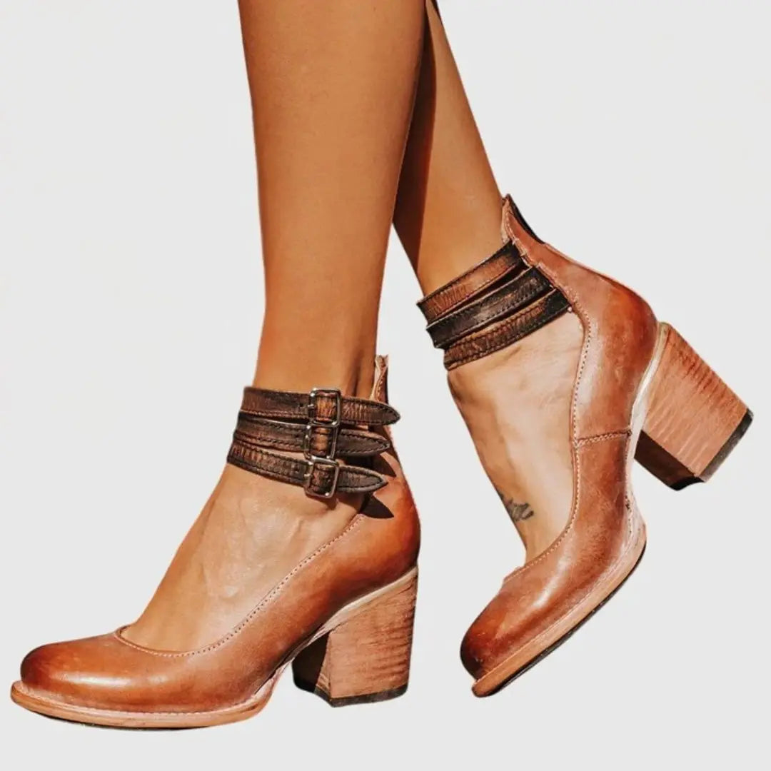 Ankle Boots Block Heel Strappy Buckle Brown Leather