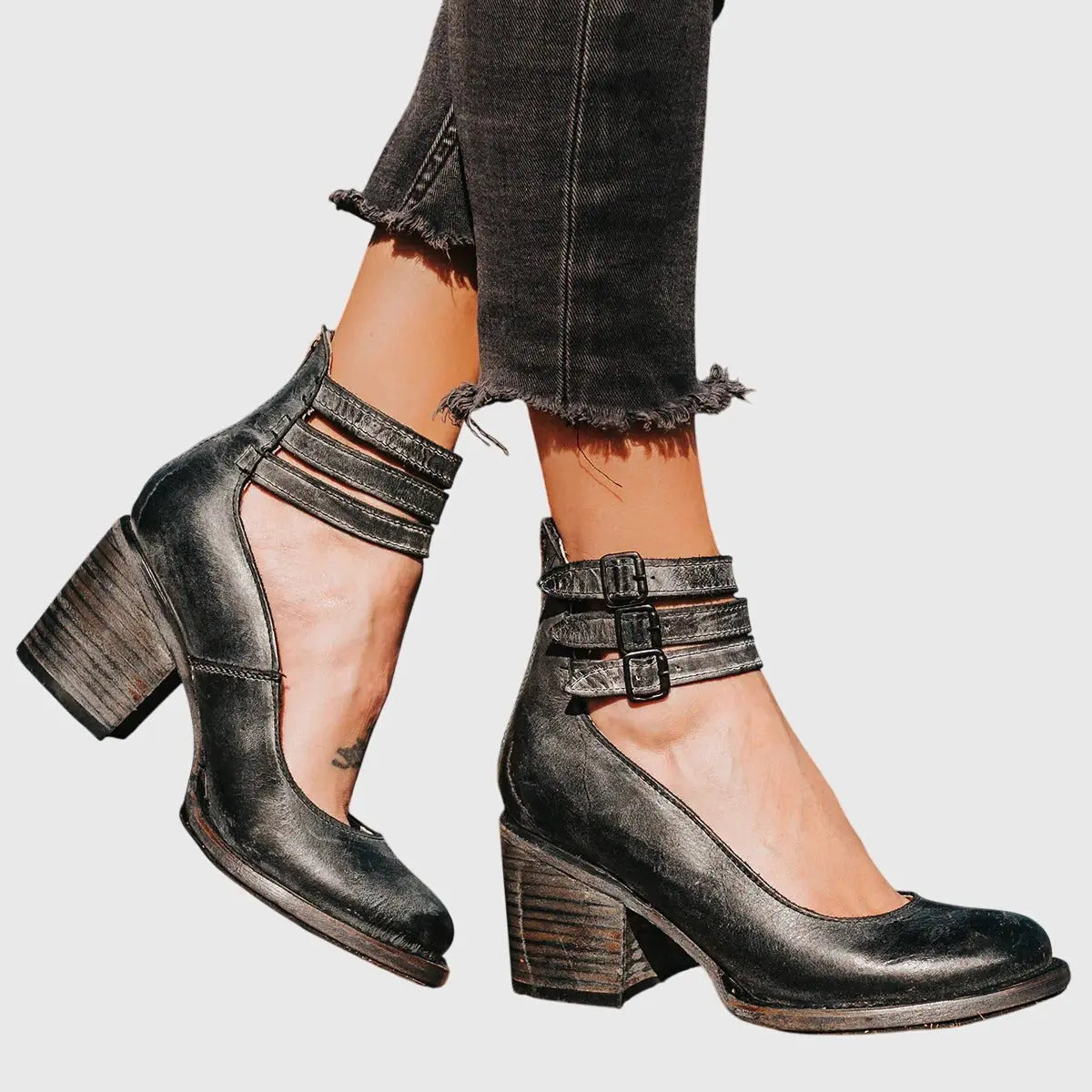 Ankle Boots Block Heel Strappy Buckle Brown Leather - Black