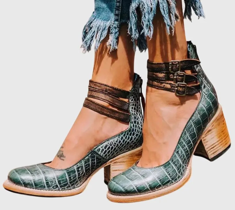 Ankle Boots Block Heel Strappy Buckle Brown Leather - Green snake