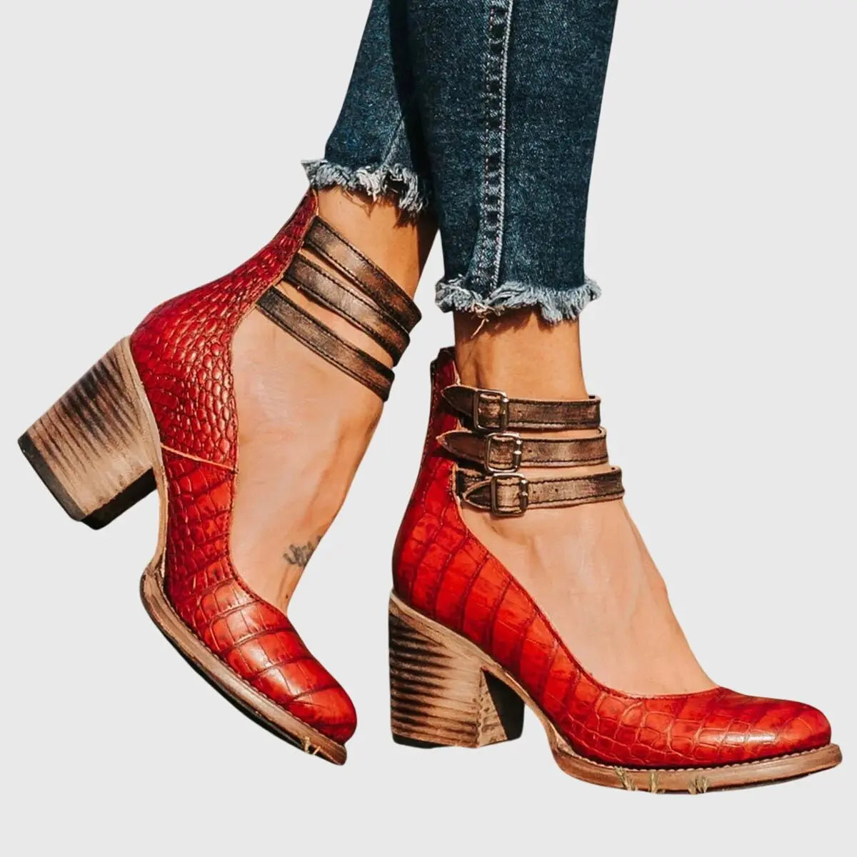 Ankle Boots Block Heel Strappy Buckle Brown Leather - Red snake
