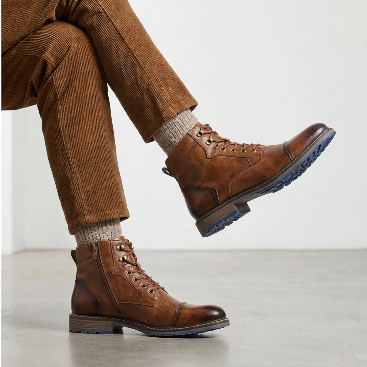 Men's Cowhide Leather Lace-Up Cap-Toe Ankle Boots