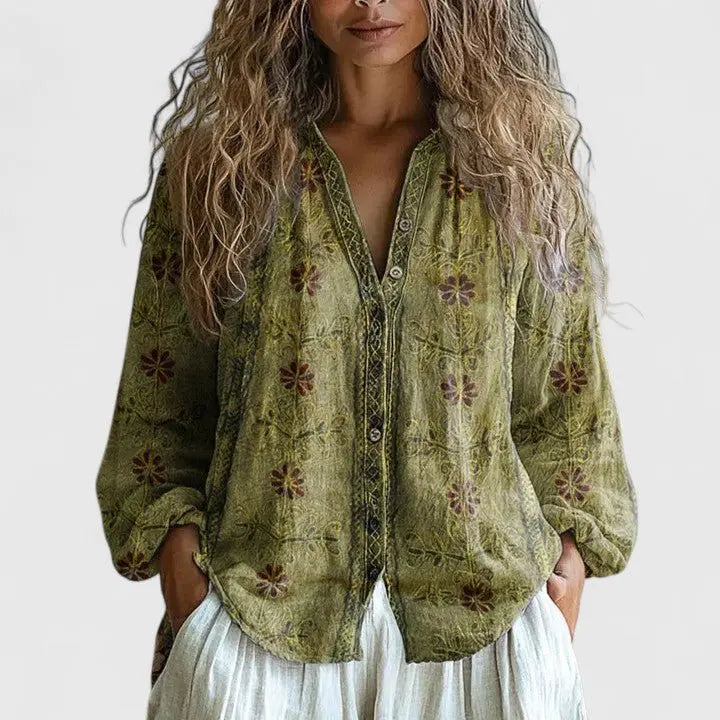 Bohemian Blouse Floral Embroidered V-Neck Long Sleeve - Green