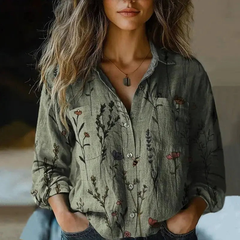 Bohemian Button-Down Blouse Long Sleeve Paisley Print - Green
