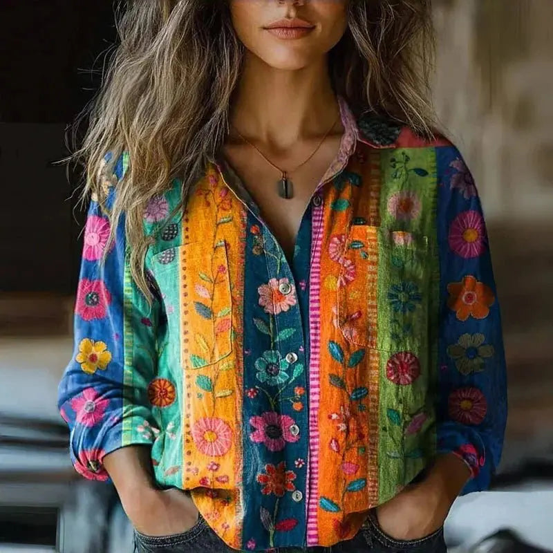 Bohemian Button-Down Blouse Long Sleeve Paisley Print - Multicolored