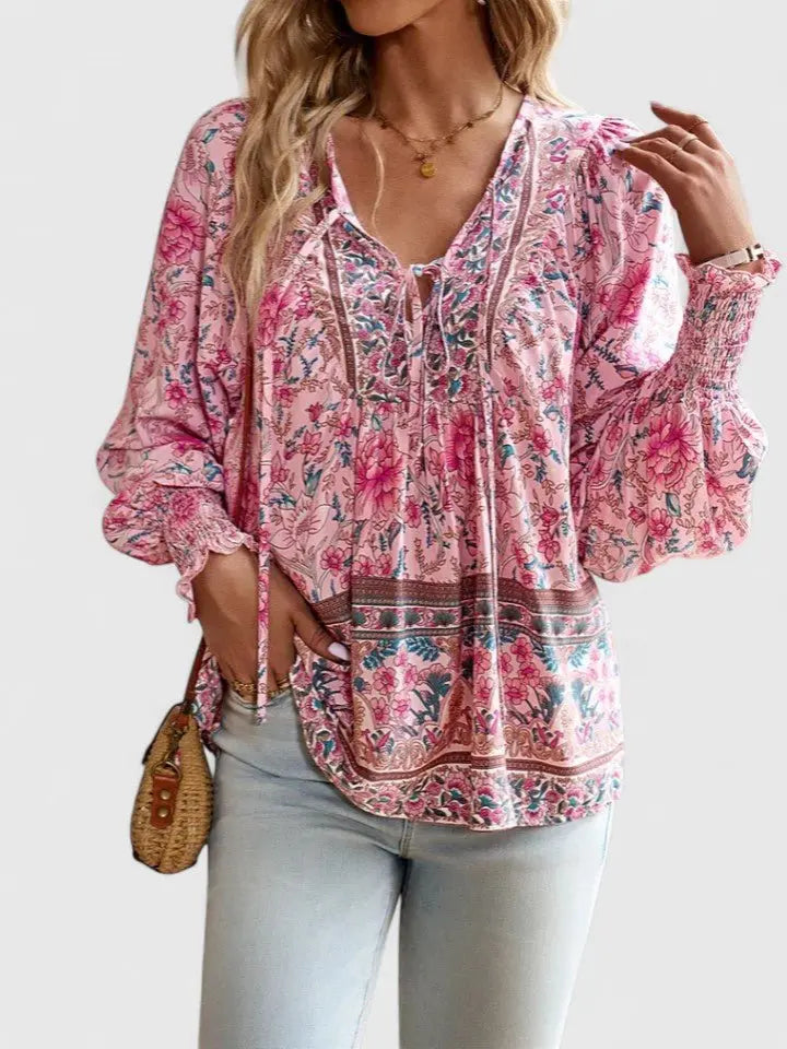 Boho Blouse V-Neck Puff Sleeve Floral Top - Pink
