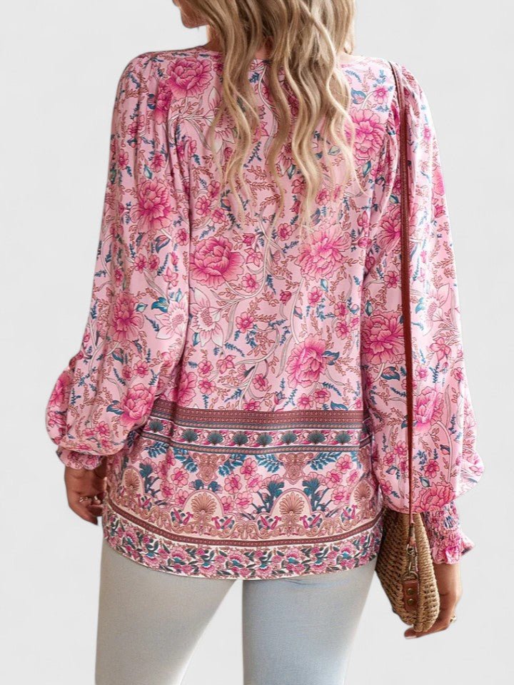 Boho Blouse V-Neck Puff Sleeve Floral Top