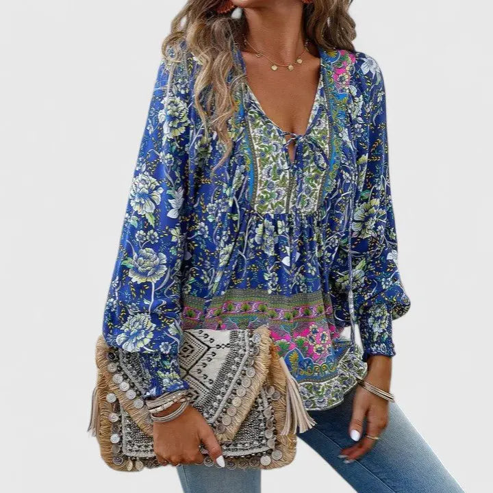 Boho Blouse V-Neck Puff Sleeve Floral Top - Navy Blue