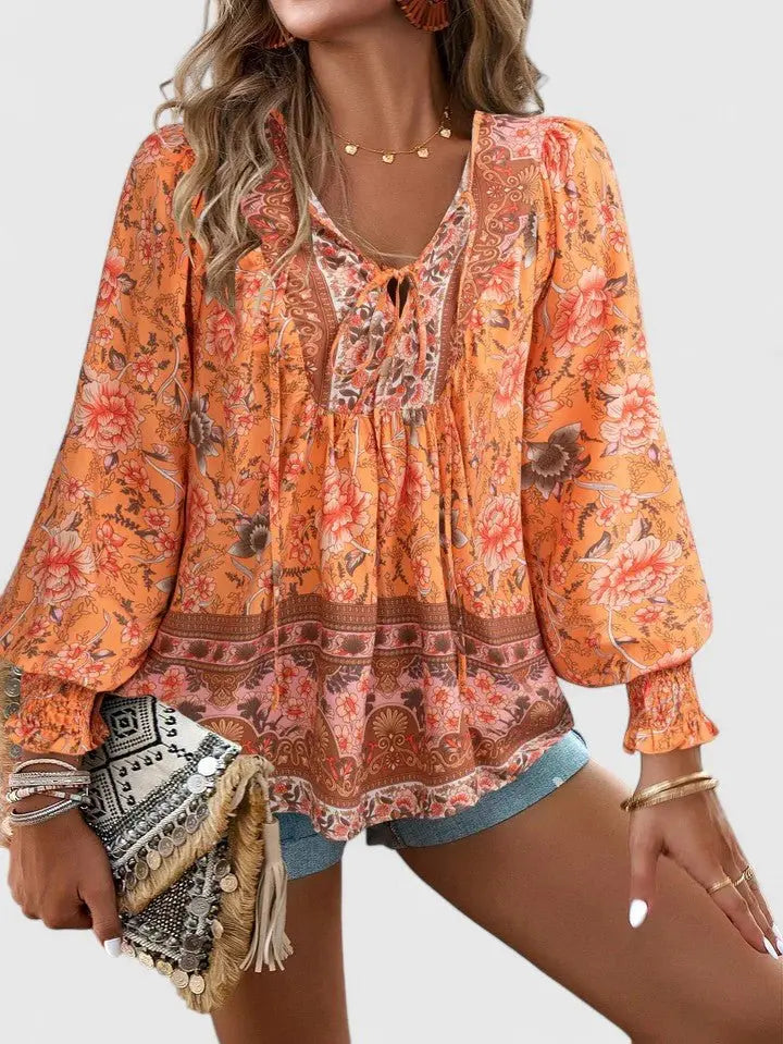 Boho Blouse V-Neck Puff Sleeve Floral Top - Orange