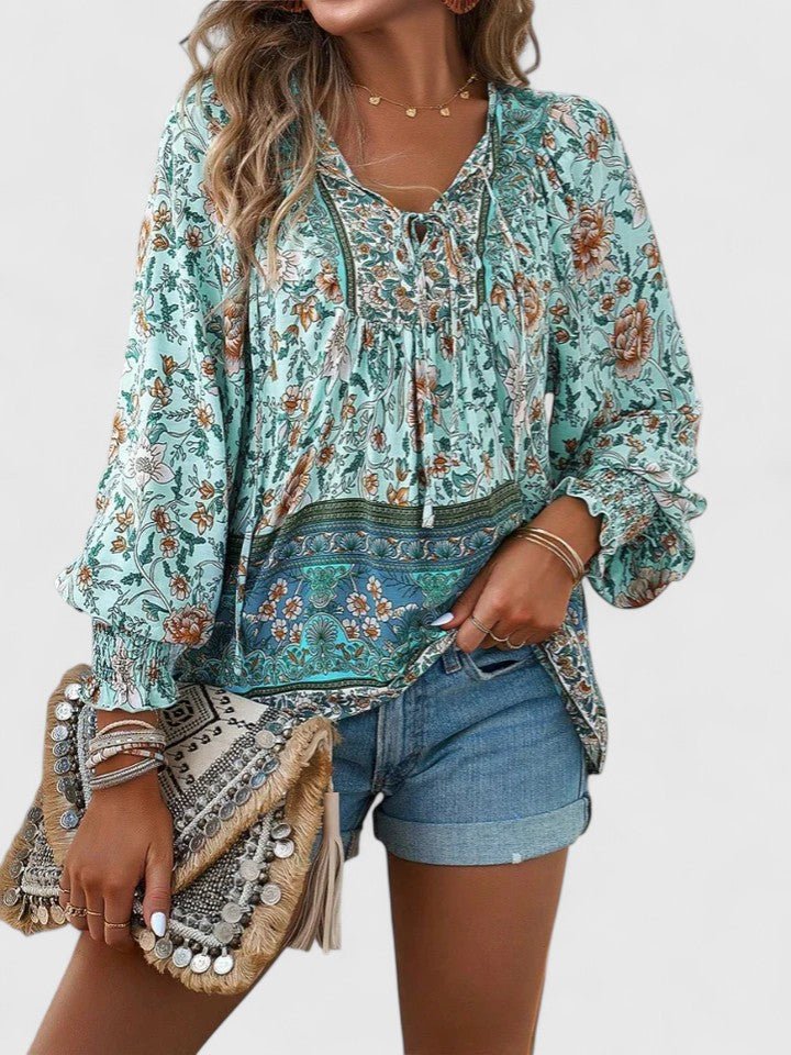 Boho Blouse V-Neck Puff Sleeve Floral Top - Blue