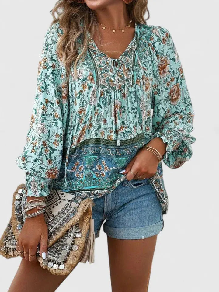 Boho Blouse V-Neck Puff Sleeve Floral Top - Blue