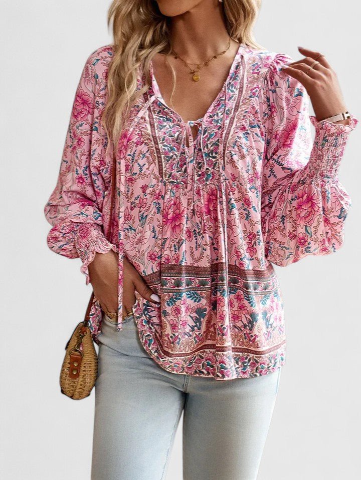 Boho Blouse V-Neck Puff Sleeve Floral Top