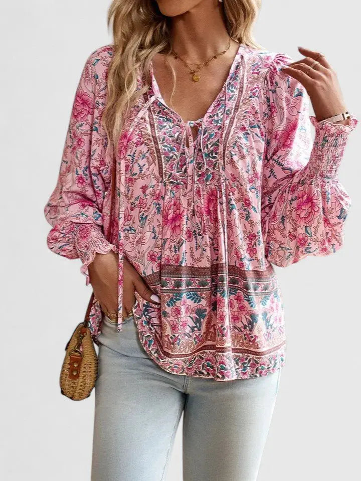 Boho Blouse V-Neck Puff Sleeve Floral Top
