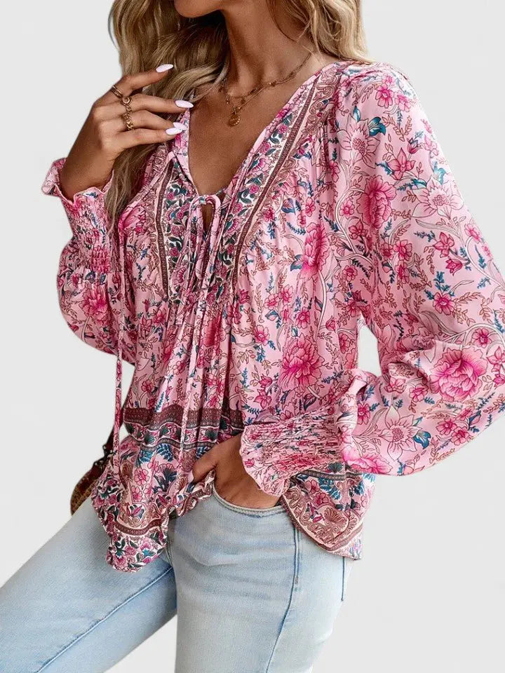 Boho Blouse V-Neck Puff Sleeve Floral Top