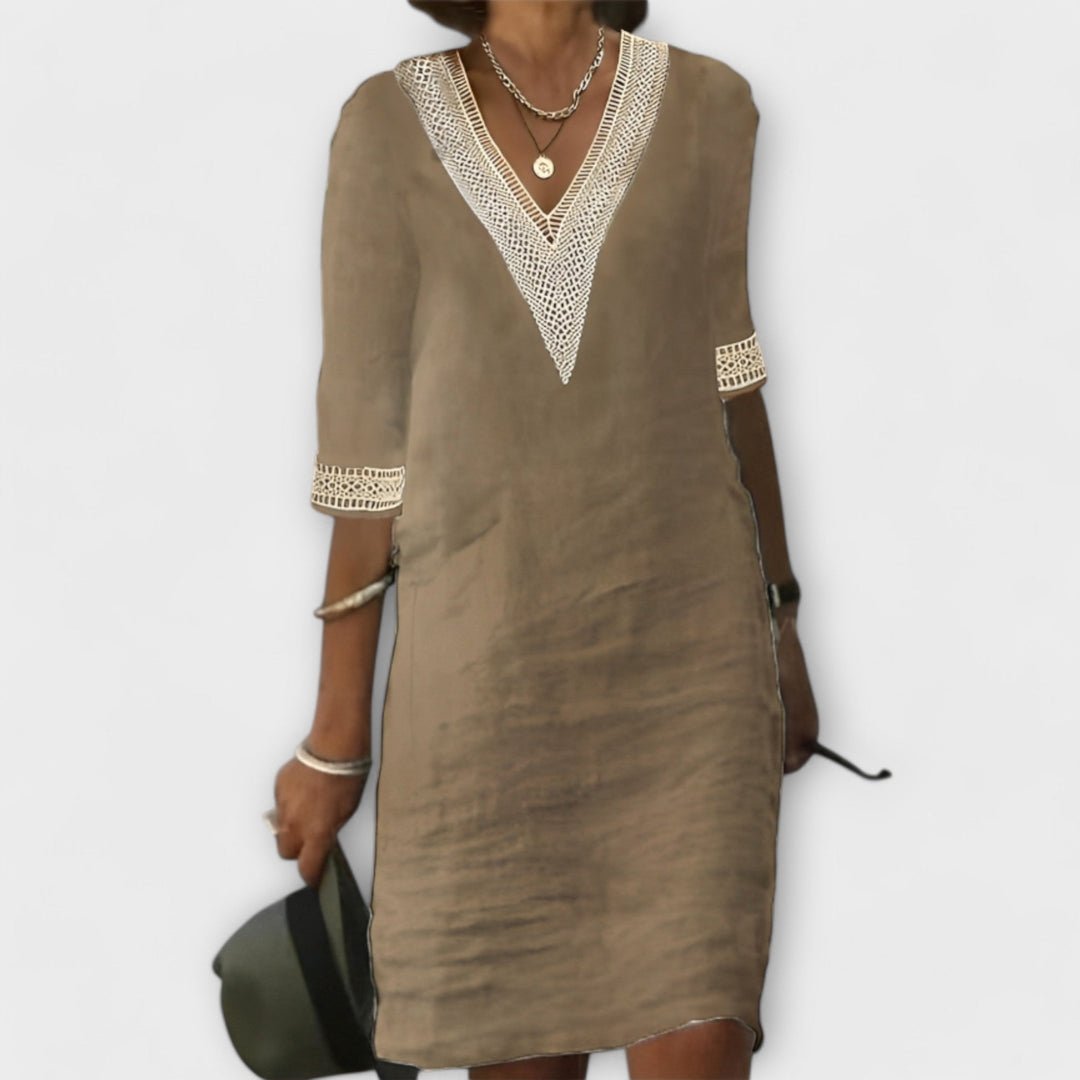 Boho Crochet Dress V-Neck 3/4 Sleeve Mini - Khaki