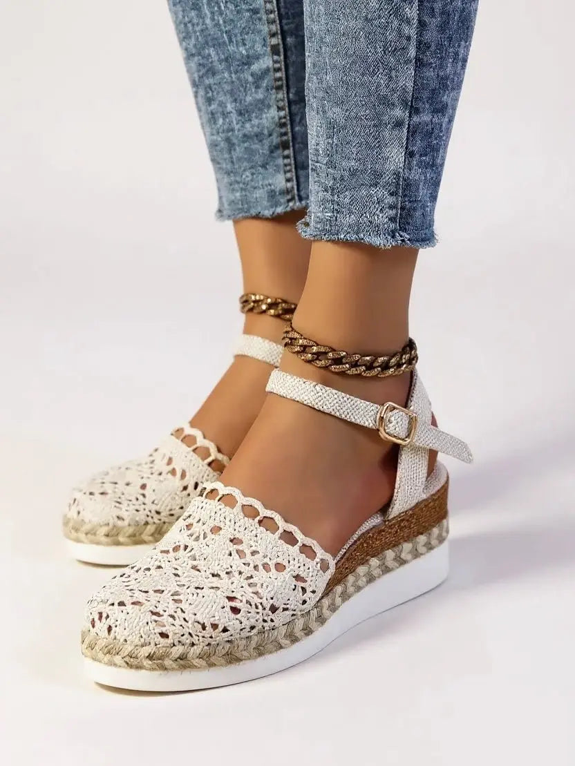 Boho Crochet Platform Sandals Woven Ankle Strap - Beige