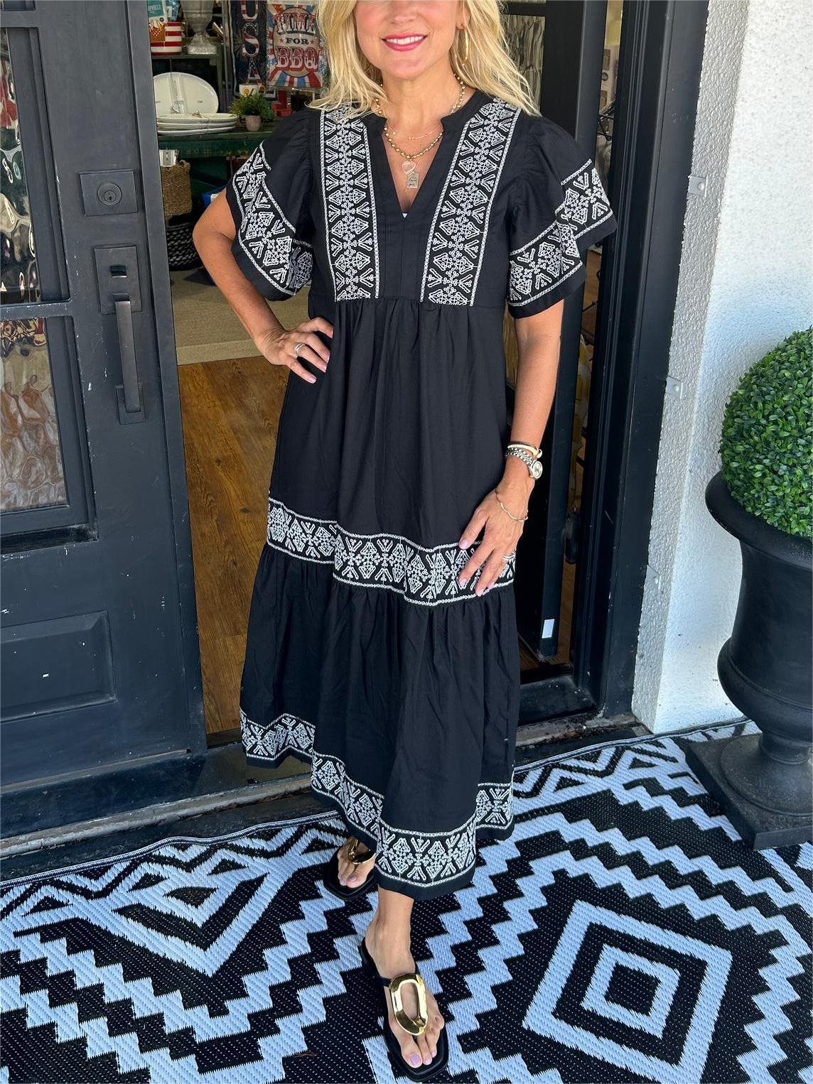Boho Embroidered Maxi Dress Flowing Tiered - Black