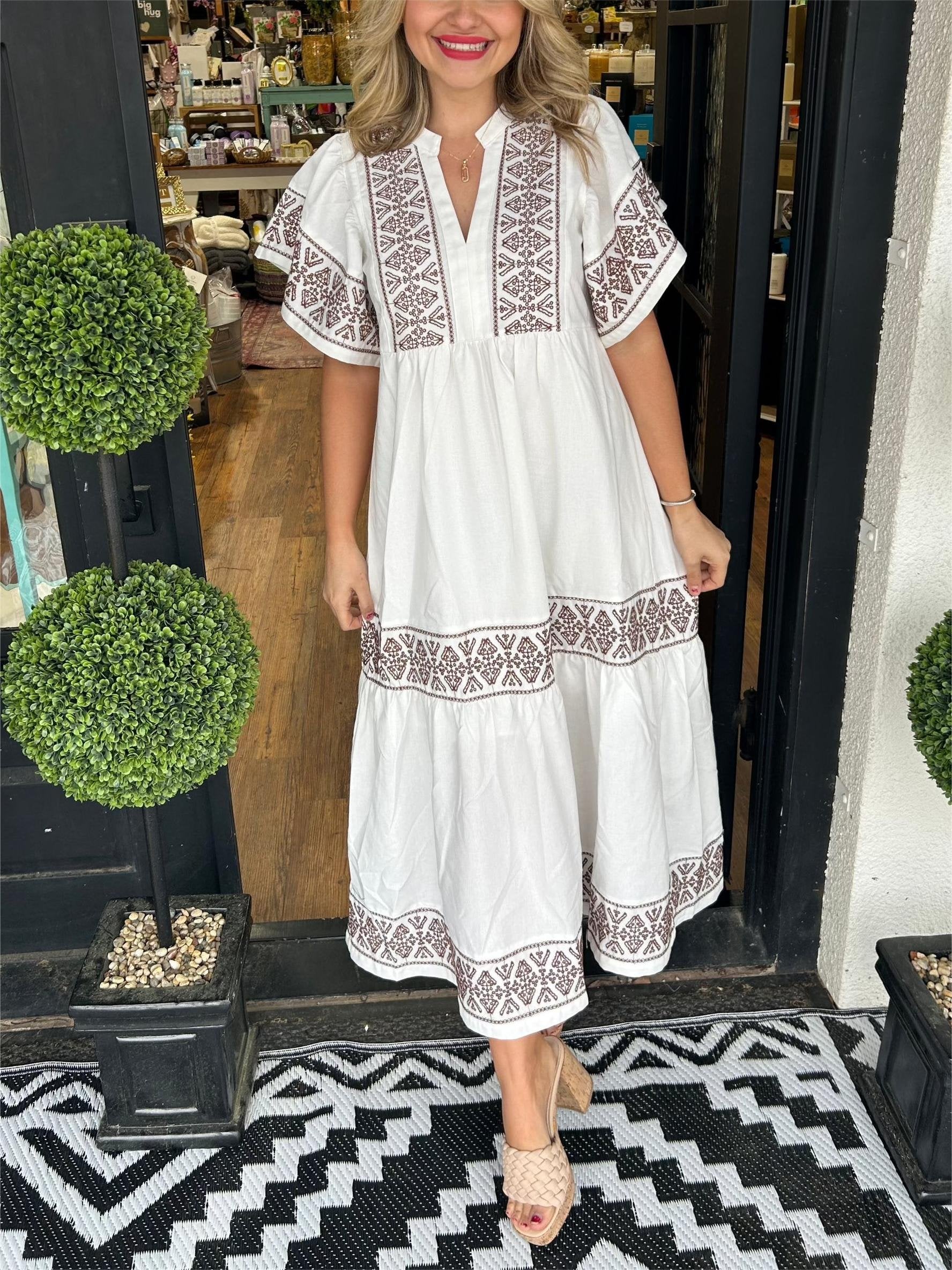 Boho Embroidered Maxi Dress Flowing Tiered - White