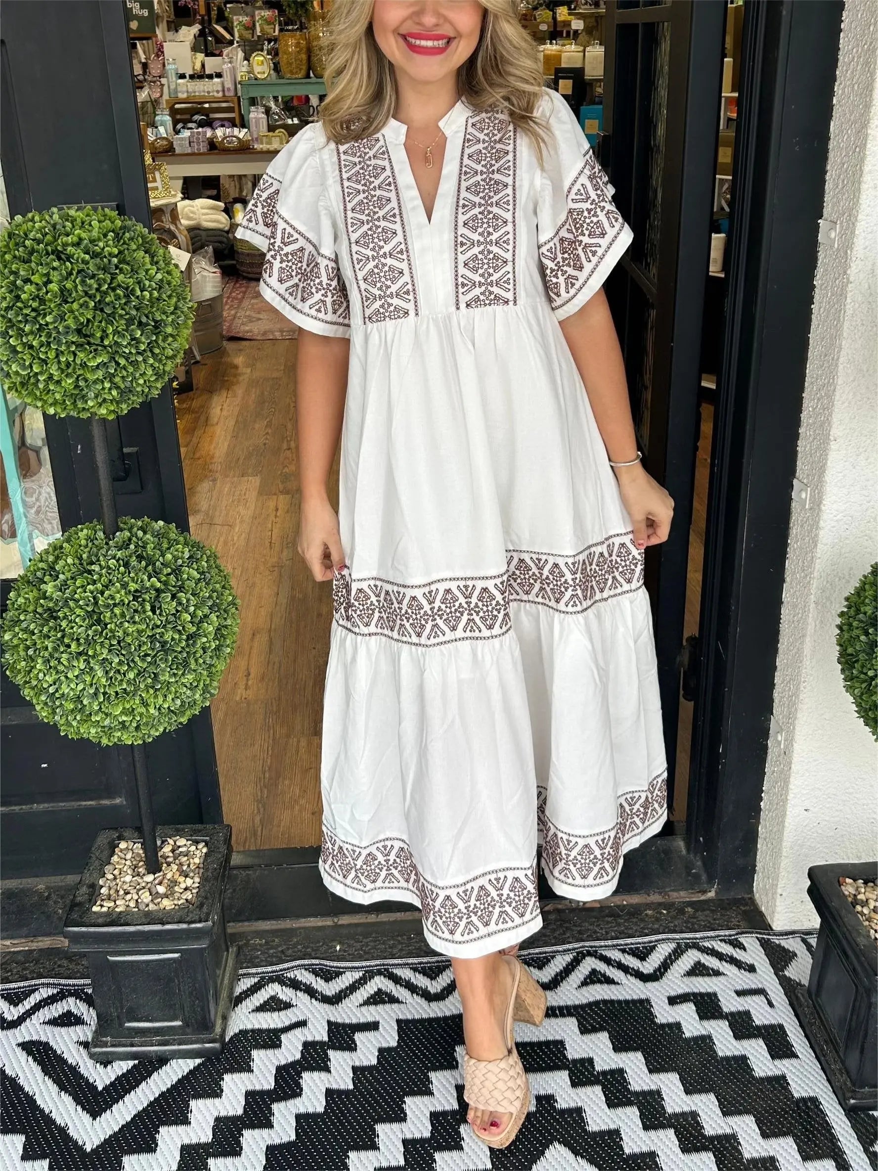 Boho Embroidered Maxi Dress Flowing Tiered - White