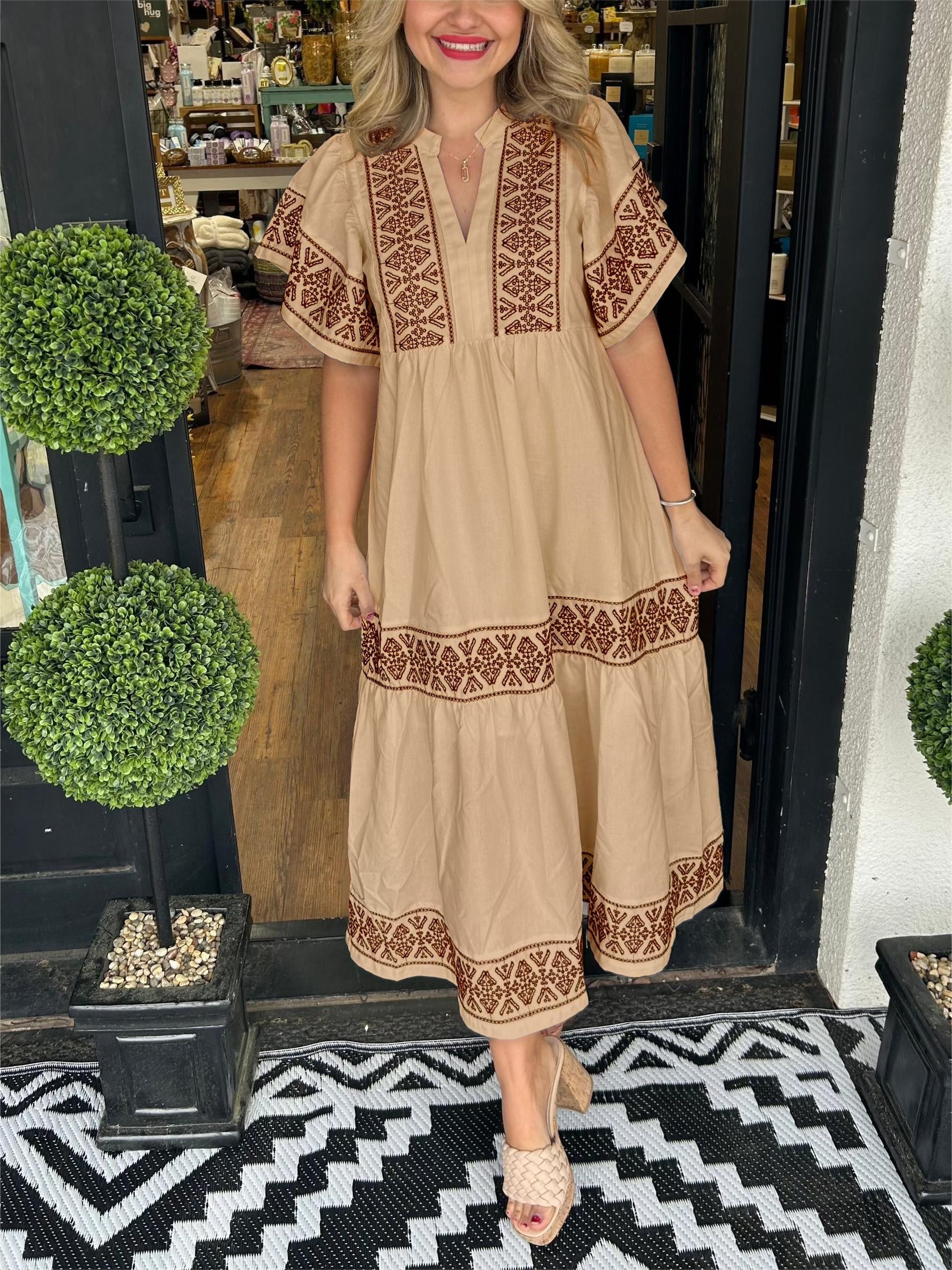 Boho Embroidered Maxi Dress Flowing Tiered - Mocha
