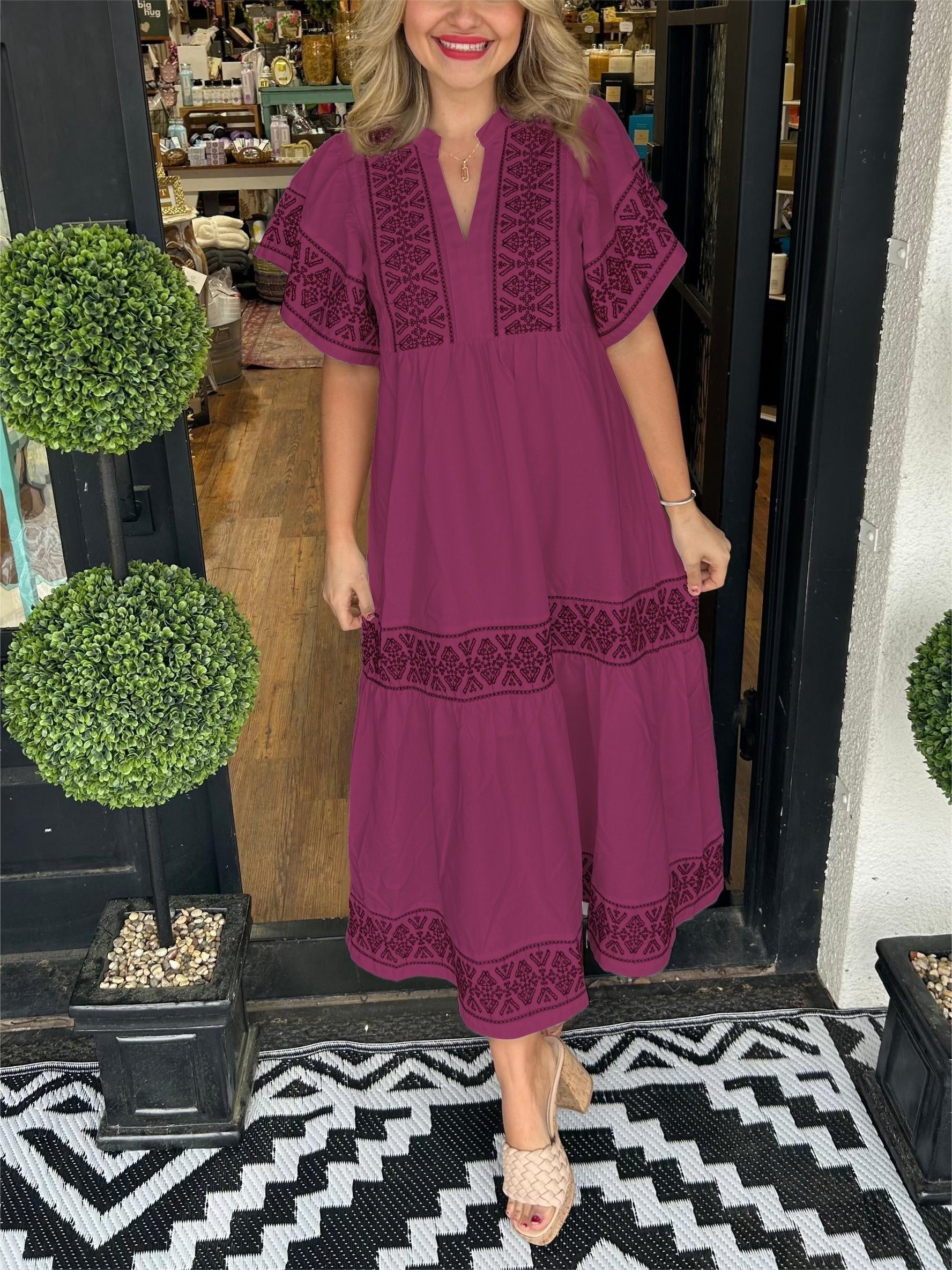 Boho Embroidered Maxi Dress Flowing Tiered - Wine Red
