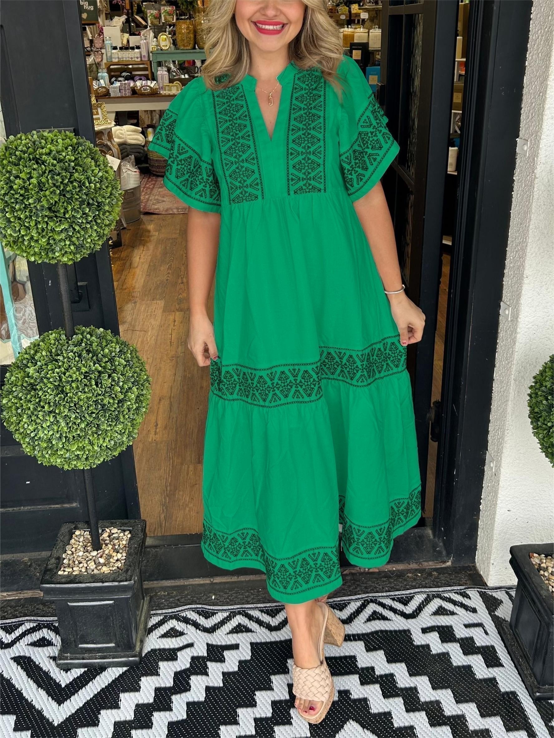 Boho Embroidered Maxi Dress Flowing Tiered - Green