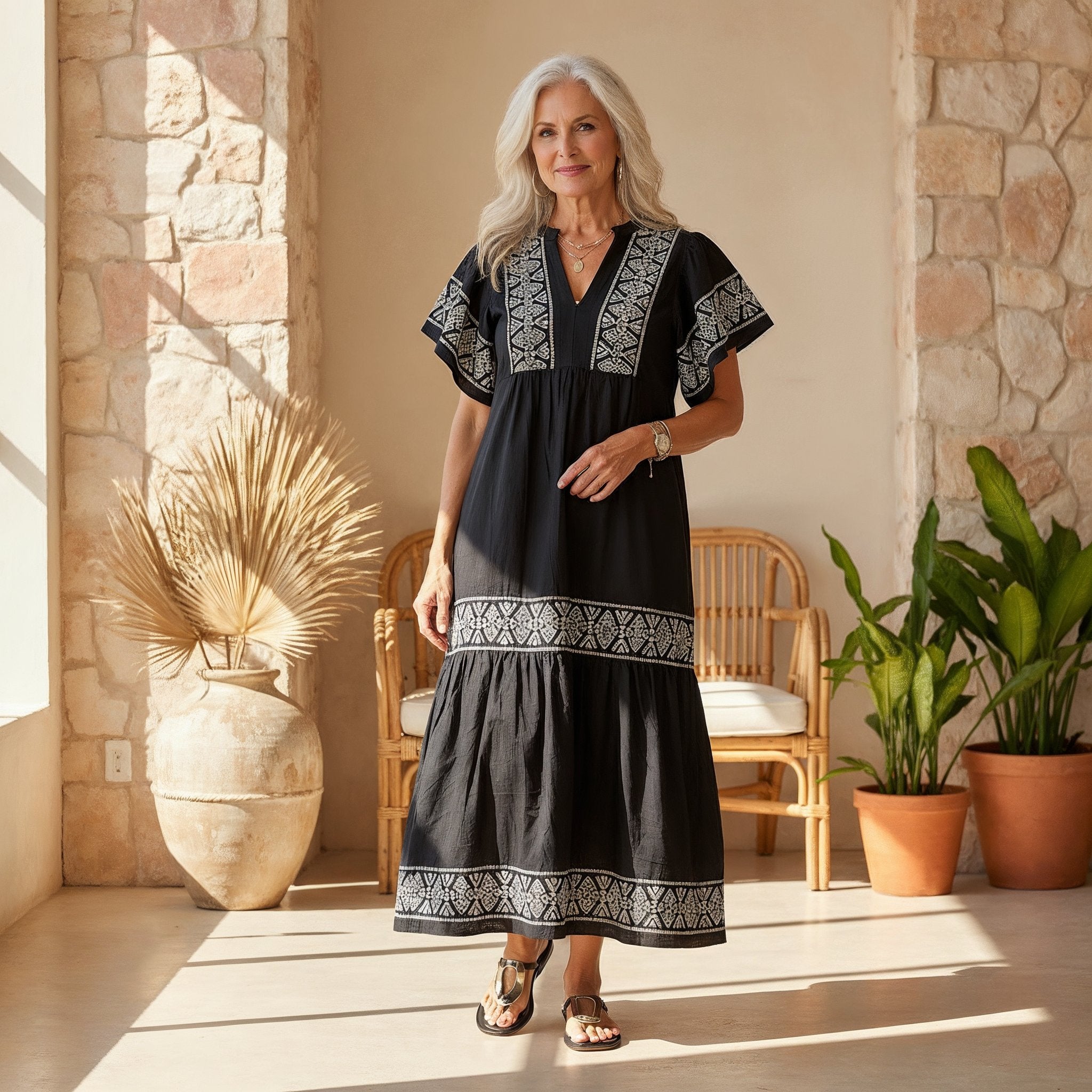 Boho Embroidered Maxi Dress Flowing Tiered