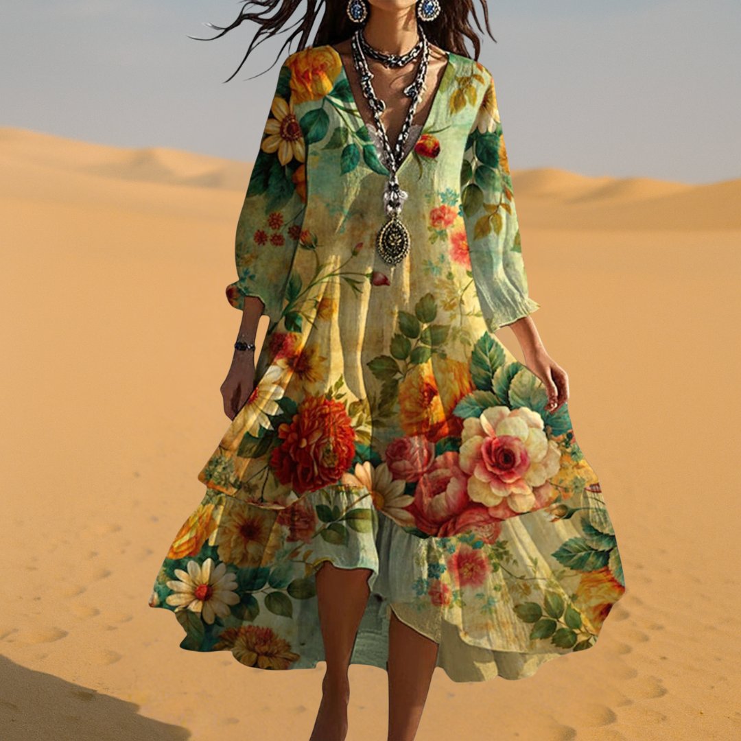 Boho Floral Midi Dress V-Neck Tiered Hem
