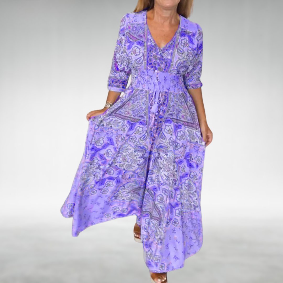 Boho Flowy Maxi Dress V-Neck Draped - Purple